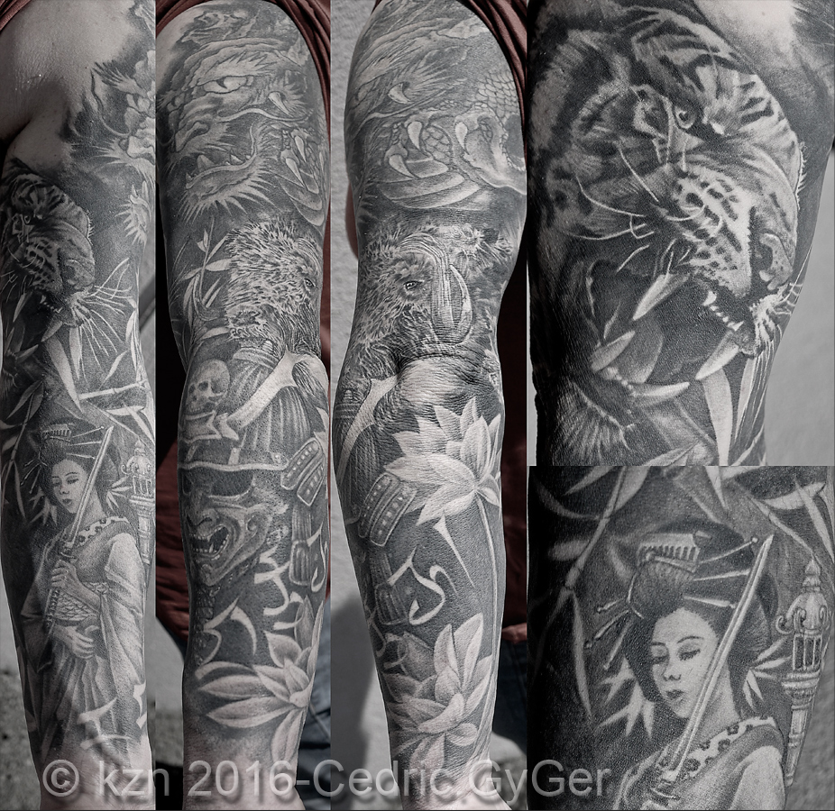 Tatouage bras japonais noir et blanc
